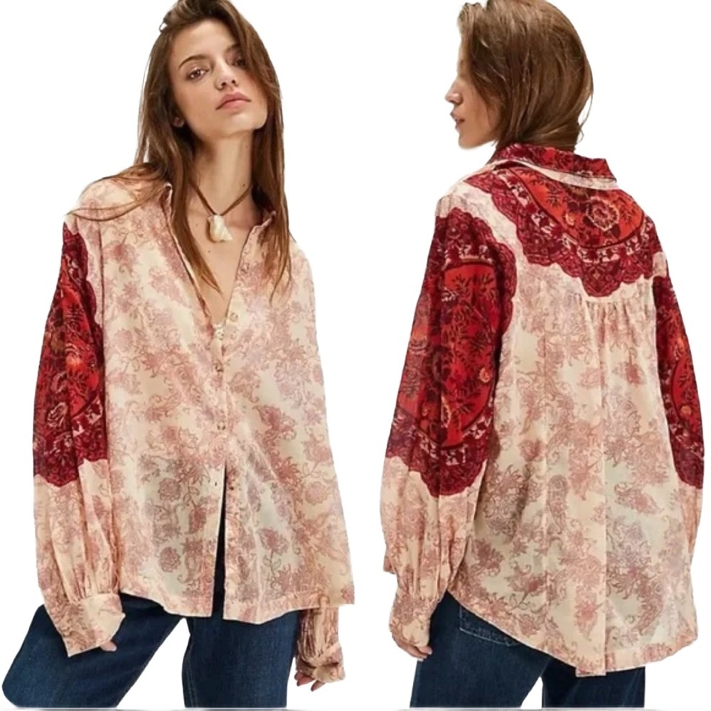 Free People “Rose Bud” Blouse – Mixed Print Boho Button down 100% Cotton 🌸